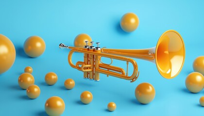 Poster - Vibrant Orange Trumpet Surrounded By Golden Sphere On Blue Background: A Stunning 3d Rendering.