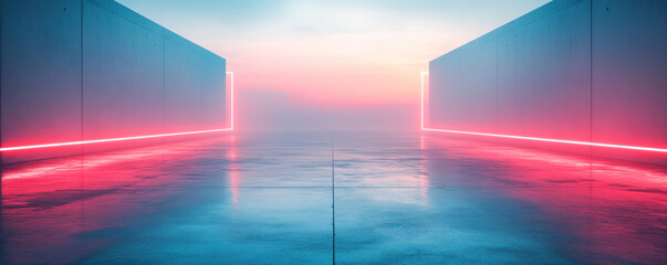 Poster - A long, empty hallway with neon lights illuminating the space. The walls are made of concrete and the floor is tiled. The lights are on, creating a bright and vibrant atmosphere