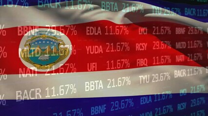 Poster - Costa Rican flag being overlaid with floating stock market data in animated flat design montage