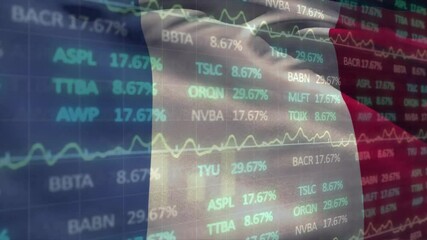 Poster - French flag merging with finance visuals, showing semi-transparent side profile under ticker charts