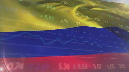 Poster - Stylized tricolor flag waving over abstract grid with stock data floating and lens flare reflecting