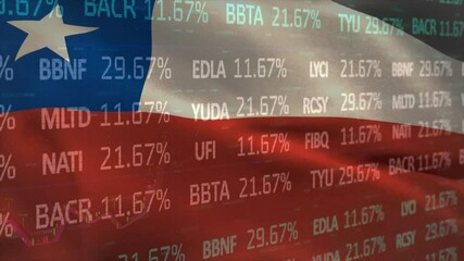 Poster - Chilean flag waving, overlaying stock ticker symbols plus candlestick charts in flat design