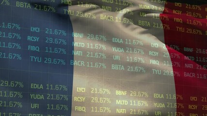 Poster - French tricolor flag waving across digital grid, showcasing glowing stock ticker symbols overlay