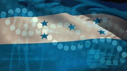 Poster - Honduran flag being animated in digital collage, showing network nodes, DNA helix, molecular icons
