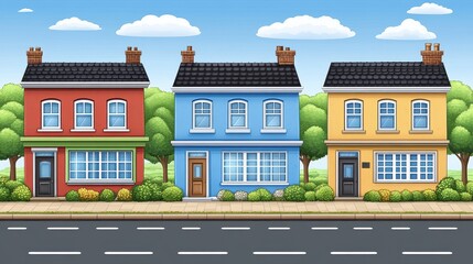 Poster - Pixelated Neighborhood Illustration Charming Townhouses with Tre