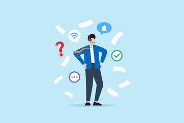 Poster - Flat illustration of support specialist reviewing remote tickets with headset in multitasking customer service environment