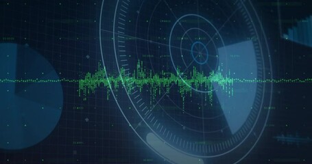 Poster - Green waveform stretching across flat grid interface while radar rings spinning with pulsing data