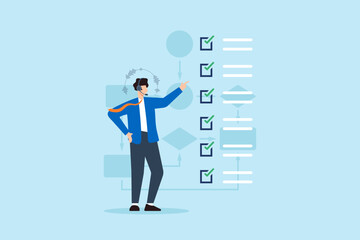 Poster - Flat illustration of consultant communicating task checklist during voice call using headset in business workflow system