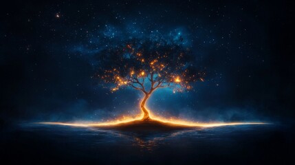 Wall Mural - Mystical glowing tree under a starry night sky