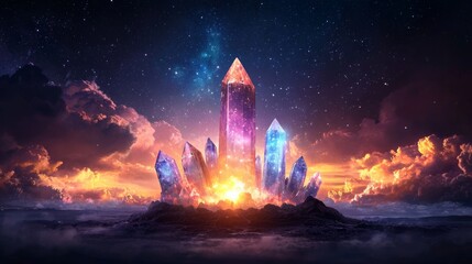 Wall Mural - Mystical crystal formation glowing under a starry sky