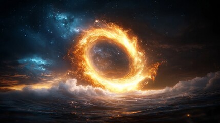 Wall Mural - cosmic portal of fiery energy above ocean waves
