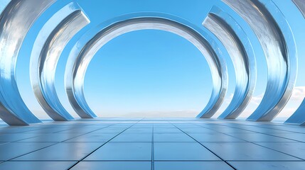 Aufkleber - ライトブルーの空に浮かぶ未来的な金属アーチ構造と幾何学的なタイル床のミニマリストなデザイン