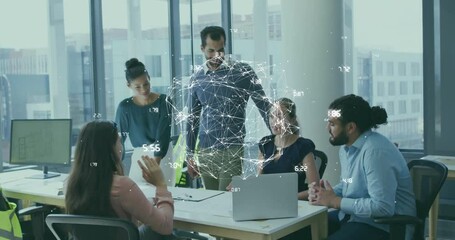 Poster - Team collaborating around desk in modern business office, with floating data points overlay