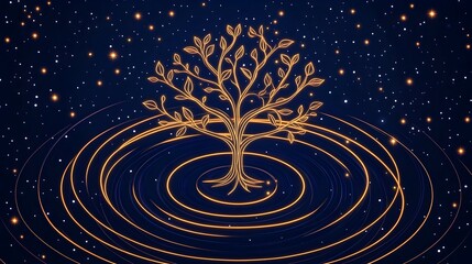 Wall Mural - A golden, stylized tree stands in the center of concentric, glowing rings against a dark blue, starry background