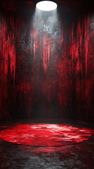 Poster - A red room with a red carpet and a red light shining on it. The room is empty and the light is focused on the carpet