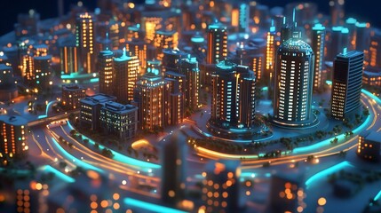 Poster - Futuristic Cityscape with Glowing Lights and Sleek Modern Architecture