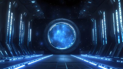 Poster - 未来的なテクノロジートンネル青いゲートと宇宙ポータルへの光沢のある通路