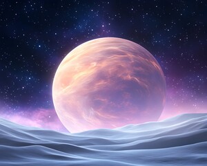 Wall Mural - Glowing exoplanet rises over a serene, pale landscape under a star-studded sky