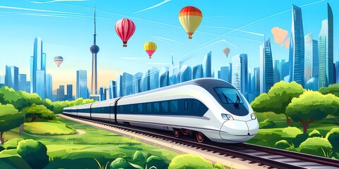 Aufkleber - 明るい青い空に白い電車が走るピクセルアート都市の風景 熱気球と高い塔がある未来的な都市景観