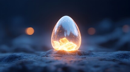 Wall Mural - Glowing, translucent egg-shaped object rests on a dark, textured surface, emitting inner light