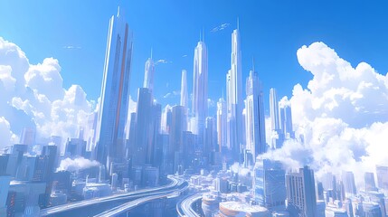 Aufkleber - 青空と雲に囲まれた未来的な都市のスカイライン 建築の高層ビルと抽象的なデザインが特徴的な都市景観