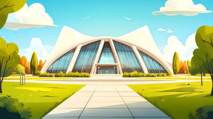 Aufkleber - ピクセルアートの現代的な建築物 青空と緑の風景 白い幾何学的構造とガラスの壁 未来的な外観とシンプルなデザイン