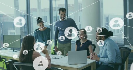 Poster - Team collaborating around business meeting table in office, overlaying user icons and network lines
