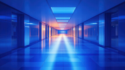 Poster - A long, narrow hallway with blue walls and blue floor tiles. The hallway is lit with blue lights, creating a cool and calming atmosphere