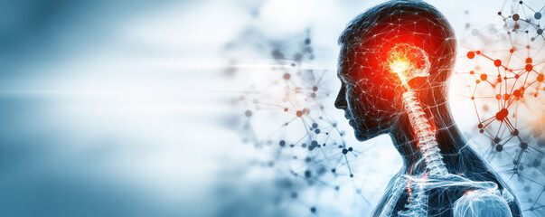 Poster - A computer generated image of a brain with a red light in the middle. The image is blue and white with a lot of lines and dots. Scene is futuristic and somewhat eerie