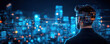 © BOW_NAPASORN - A man is looking at a cityscape with a futuristic vibe. The city is lit up with bright lights and the man is wearing glasses. Concept of wonder and excitement about the possibilities of technology