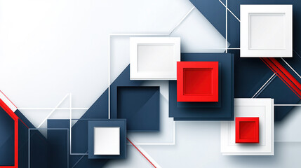 Poster - A colorful abstract design with squares of blue, white, and red. The squares are arranged in a way that creates a sense of movement and energy. Scene is dynamic and lively