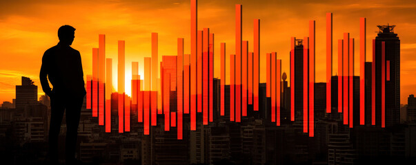 Poster - a man stands in front of a city skyline with a sunset in the background. the skyline is filled with 