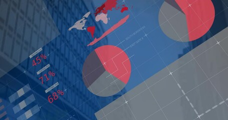 Poster - Glass skyscraper displaying financial infographics with candlestick bars and vertical bar graphs