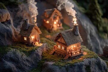 Aufkleber - Cozy Tiny Mountain Cabins With Glowing Windows and Smoke Rising From Chimneys Nestled in a Serene Winter Landscape Generative AI