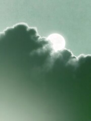 Aufkleber - 幻想的な緑色の空に浮かぶ月と雲のシルエット 夜の静寂と自然の美しさを表現