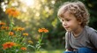 © luwie - Cute child watching bee on orange flower in garden nature photography for kids and wildlife lovers