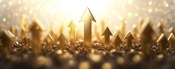 Poster - A row of gold arrows pointing upwards. The arrows are all lined up in a row, with some of them pointing upwards and others pointing downwards. Concept of growth and progress