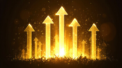 Poster - A series of gold arrows pointing upwards in a field of grass. Concept of growth and progress, as the arrows rise higher and higher