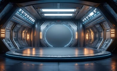 Poster - 青とオレンジのライトが光る未来的な金属製の宇宙船の内部ステージのデザイン