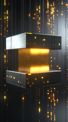 Poster - A cube with a yellow light on it is suspended in the air. The cube is surrounded by a series of glowing lines, creating a futuristic and abstract atmosphere