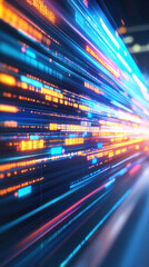 Poster - A colorful, pixelated image of a computer screen with a blue line of code. Concept of technology and innovation, as well as the fast-paced nature of the digital world