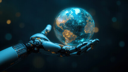 Poster - A robot is holding a globe in its hand. The robot is made of metal and has a robotic arm. The globe is illuminated with lights, giving it a futuristic appearance. Concept of technology and innovation