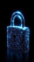 Poster - A blue lock with a keyhole is lit up in a dark room. The lock is surrounded by a glowing blue light, giving it a futuristic and high-tech appearance. Concept of security and protection