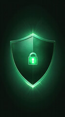 Poster - A green shield with a green lock on it. The shield is surrounded by a green glow. The shield is a symbol of protection and security