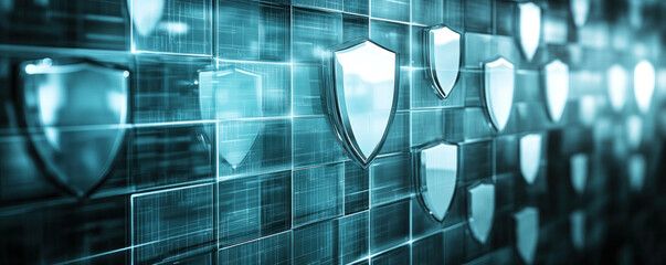 Poster - A wall of glass shields with a blue background. The shields are of various sizes and shapes, and they are all facing the same direction. The shields are arranged in a way that creates a sense of unity
