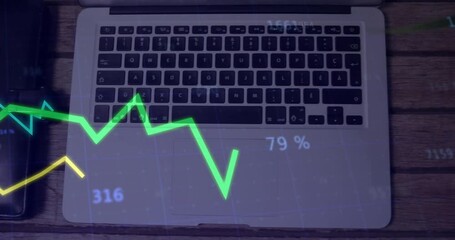 Poster - Laptop keyboard and trackpad showing floating neon graphs, numeric data over desk in flat design