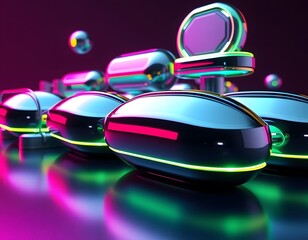 Aufkleber - Abstract Futuristic Metallic Shapes, Glowing Neon Lights Creating A Dazzling Effect. Metallic Surfaces, Sleek Designs Shine. A Modern Aesthetic For Creative Projects. High-quality Visuals Provided.