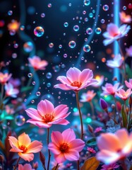 Poster - neon glow digital artwork with luminous water bubbles and glowing flowers against a dark background
