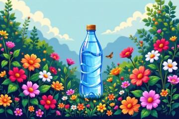 Poster - pixel art scene with small, colorful pixels creating a stylized water bottle and surrounding flowers