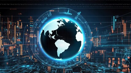 Poster - Digital Earth Visualization of Global Connectivity Through Data Graphics, Technology, Innovation, and Progress in Futuristic Landscape.